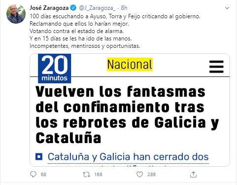 Tuit de José Zaragoza contra Feijóo, Ayuso y Torra